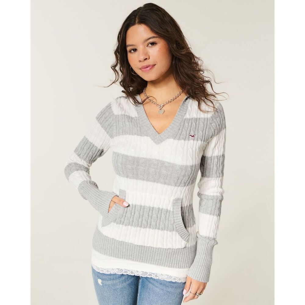 NWT! Hollister Light Gray Stripe White Cable Knit V Neck Hoodie Sweater XL